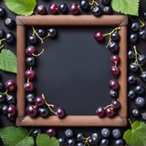 Fresh black currant in frame form, copy space.