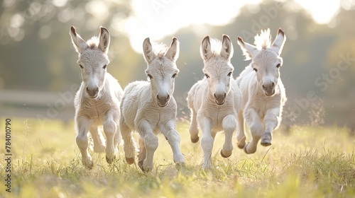   A collection of small, white donkeys gallop through a lush grassfield Trees dot the backdrop of the photograph photo