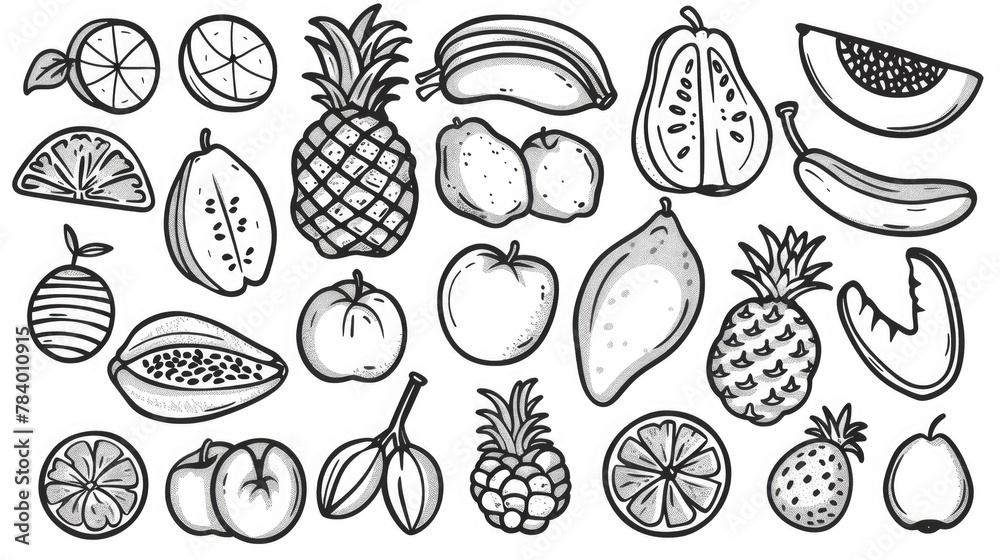 illustration set of fruits, coloring page, contour, black and white, drawing, tropics, food, vitamins, pineapple, apple, banana, exotic illustration set of fruits, coloring page, contour, black and white, drawing, tropics, food, vitamins, pineapple, apple, banana, exotic