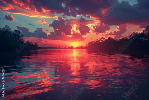 Sonnenuntergang, extreme Farbe, schöne Spiegelung im Wasser photo