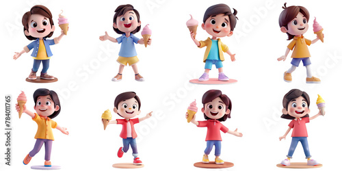 Cartoon character with icecream png collection in 3d transparent for product presentation.