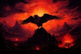 crow on a mountainous fire volcano.