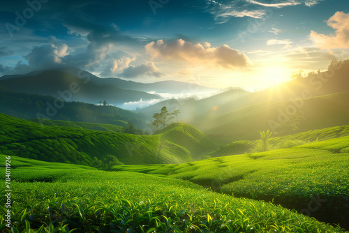 plantation of green tea, nature background landscape, sunrise, mountains
