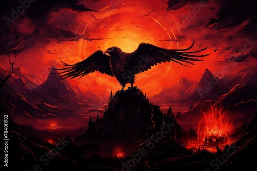 crow on a mountainous fire volcano. photo