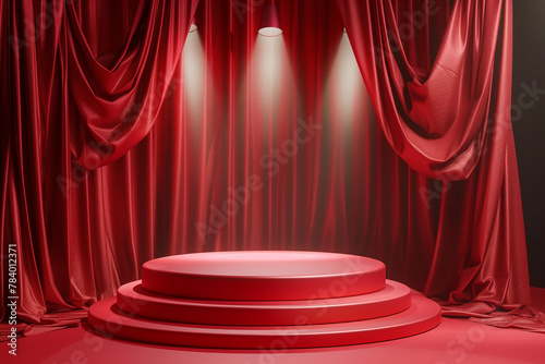 3d round stepwise podium red background and fabric curtain in spotlights rays photo
