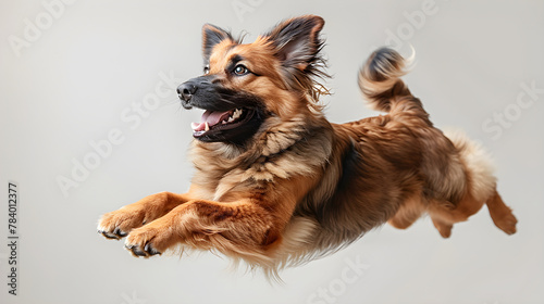 A happy and smiling jumping dog in the air on a white background