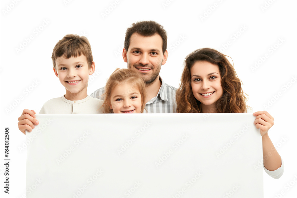 happy family mom dad son and daughter holding an empty white banner, isolated happy family mom dad son and daughter holding an empty white banner, isolated