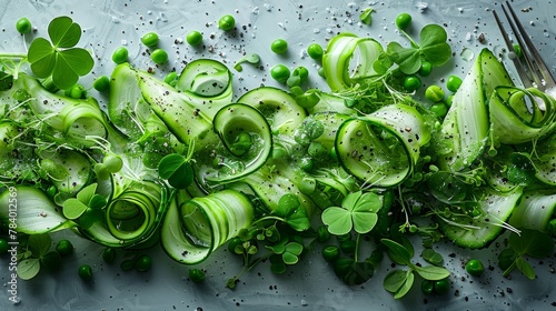   A cutting board bearing sliced cucumbers and green onions, adjacent to a fork and a green leafy salad photo