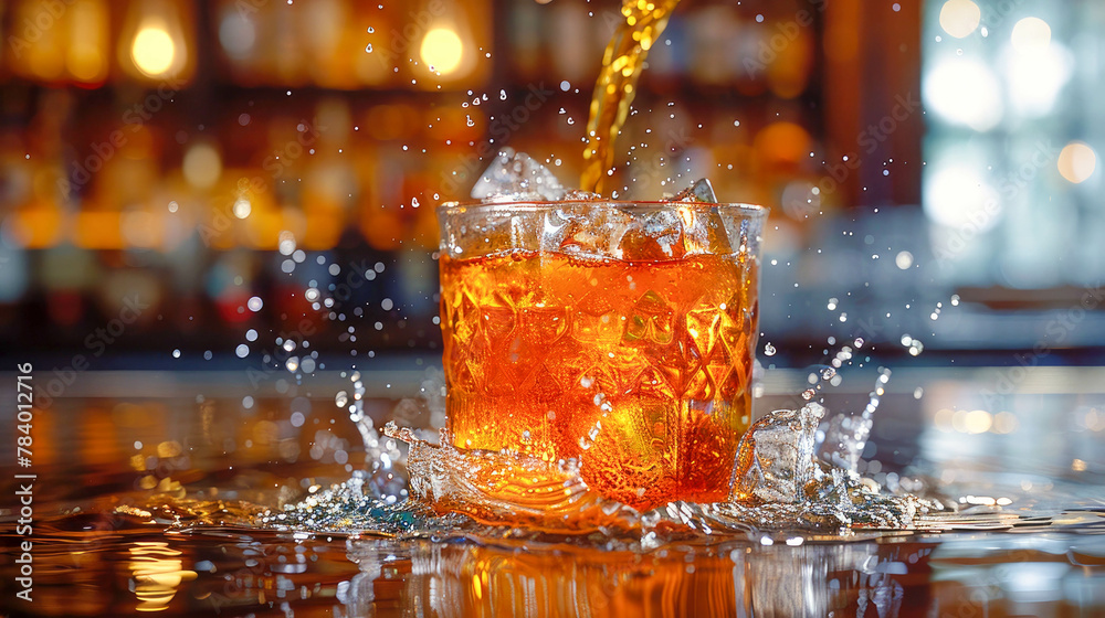 Bartender's hand pours a delicious refreshing alcoholic drink whiskey cocktail with ice on the counter at the bar Bartender's hand pours a delicious refreshing alcoholic drink whiskey cocktail with ice on the counter at the bar