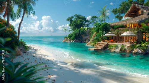beautiful tropical beach with chaise longue photo