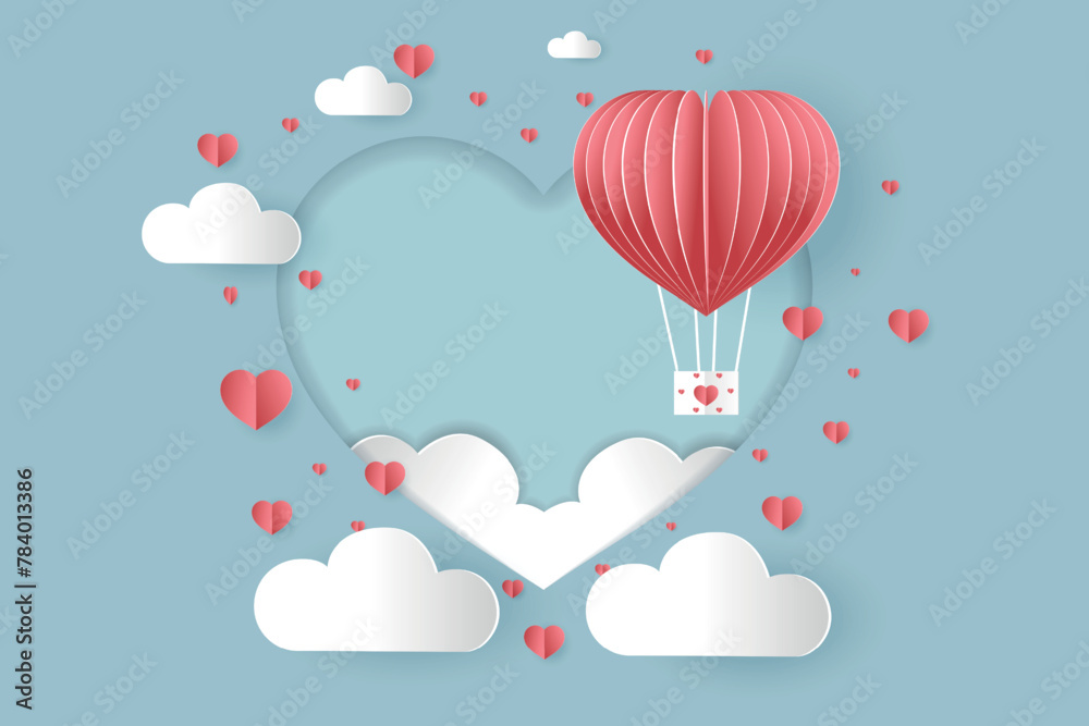 Pink heart hot air balloon and clouds on a blue background vector illustration. Valentine's day card/ wallpaper design.	