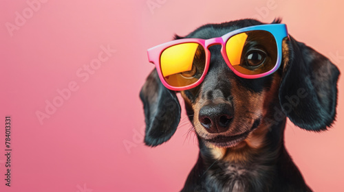 A dog wearing sunglasses and looking at the camera. The sunglasses are blue and yellow. The dog is wearing a black nose and black ears. a dachshund wearing colorful sunglasses in a color background
