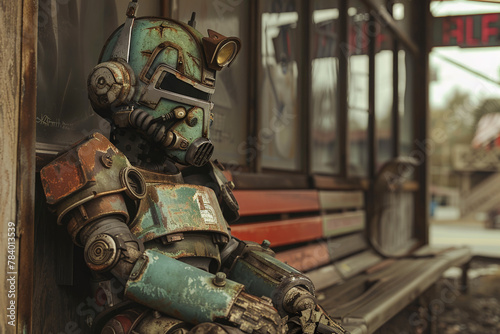 Retro rusty robot in abandoned post-apocalyptic site