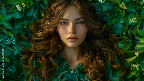 A young beautiful woman with long hair in eco-art style.