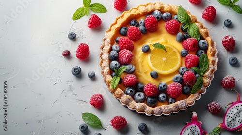  A pie topped with a lemon slice, surrounded by raspberries, blueberries, and more raspberries