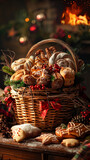 A basket of baked goods is displayed on a table, including cookies, pastries, and other treats. The basket is decorated with red ribbon and pinecones, giving it a festive and cozy feel