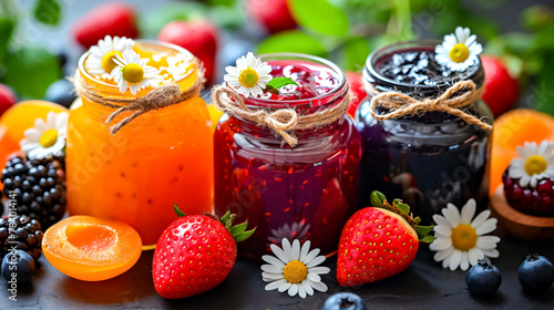Homemade assortment of berries and fruits jams in jars. Summer harvest in sweet preserves, confitures or jams. © Svetlana Kolpakova