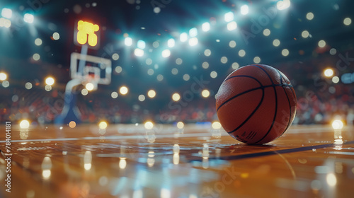 A basketball is sitting on a wet court. The ball is surrounded by lights and the basketball hoop