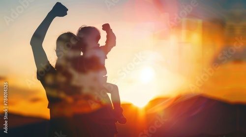 Silhouette of a harmonious family of happy young mothers, laughing and playing against the sunset background