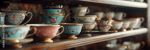 Macro shot of a collection of antique teacups on a shelf, hyperrealistic photography of modern interior design