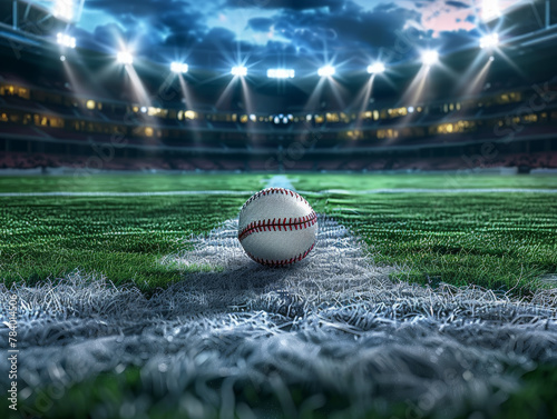 A baseball is sitting on the field in front of a stadium. The stadium is lit up with bright lights, creating a sense of excitement and anticipation for the upcoming game