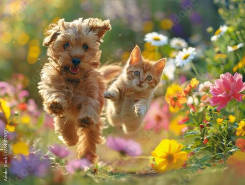 A dog and a cat are running through a field of flowers. The scene is lively and playful, with the bright colors of the flowers adding to the cheerful atmosphere