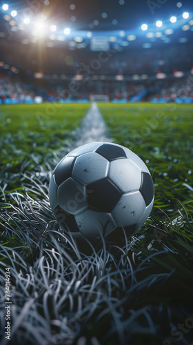A soccer ball is sitting on the grass in a stadium. The stadium is filled with people  and the atmosphere is lively and energetic
