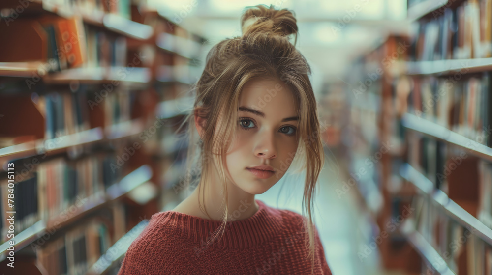A young woman with a red sweater stands in a library. She is looking at the camera with a smile on her face A young woman with a red sweater stands in a library. She is looking at the camera with a smile on her face