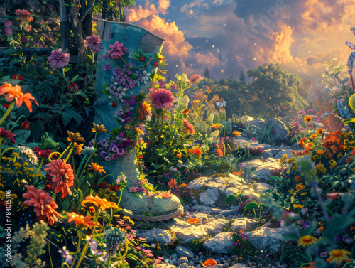 A flowery boot is sitting in a field of flowers. The boot is covered in flowers and has a whimsical  playful appearance. The scene is bright and cheerful  with the sun shining down on the flowers