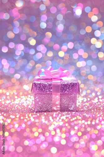 Shimmering gift box on abstract background with bokeh lights