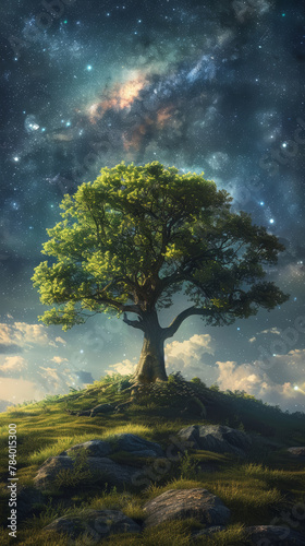 A tree is standing on a hill with a starry sky in the background