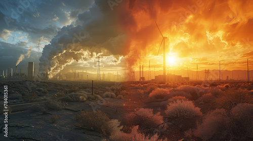 A desolate landscape with a large factory emitting smoke and a sun in the background. The contrast between the factory and the sun creates a mood of despair and hopelessness photo
