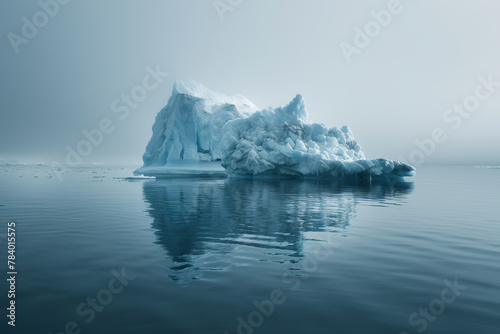 A large ice block sits in the ocean, surrounded by water. The ice is a beautiful, reflective surface that captures the light of the sun. The scene is serene and peaceful