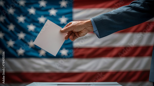 A man is holding a white piece of paper in front of an American flag. The man is likely voting in an election photo