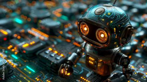 A robot is sitting on a circuit board with many wires and lights. The robot is surrounded by a lot of electronic components, giving the impression of a futuristic or sci-fi setting