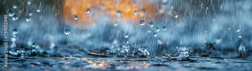 Regentropfen spritzen, Regen fällt ins Wasser und spritzt, Banner glitzernde Wassertropfen photo