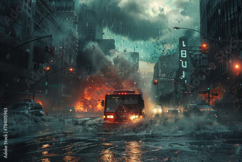 A fire truck is driving through a flooded city street. The scene is chaotic and dangerous, with cars and other vehicles scattered throughout the water photo