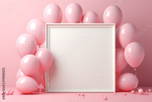 Mockup for invitation. Festive greeting card with empty frame and pink balloons for birthday or celebration events. Flyer template. Copy space