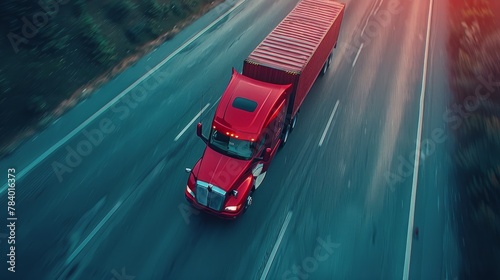 Red Truck Driving Down Road Next to Forest