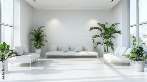 Modern white designer sofa in middle of minimalistic living room with high ceiling  futuristic chair  green plant.