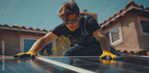 Mann mit schwarzem T-Shirt und Jeans, trägt eine Schutzbrille und arbeitet an einem Solarpanel, Konzept Energiewende, erneuerbare Energie photo
