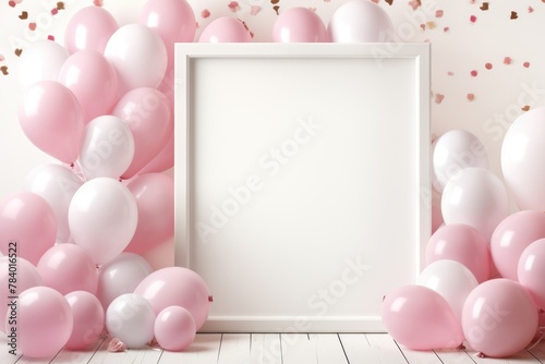 Mockup for invitation. Festive greeting card with empty frame and white pink balloons for birthday or celebration events. Flyer template. Copy space