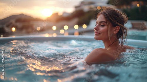 beautiful woman enjoying a spa pool at sunset