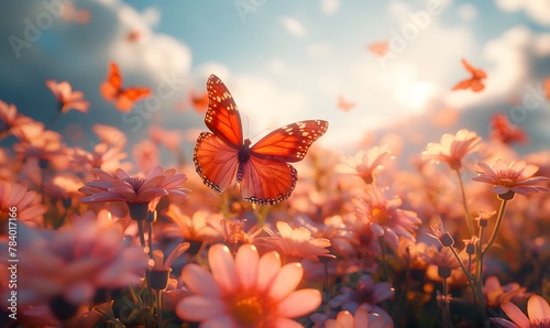 Lebendige Szene zarter Schmetterlinge, die zwischen einem Feld blühender Blumen unter einem klaren, sonnigen Himmel tanzen, Konzept Frühling und Frühlingswiese photo