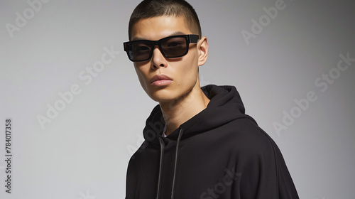 Modern Young Asian Man in Chic Black Hoodie and Bold Sunglasses, Sleek Style