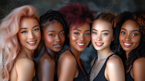 Vibrant and United: Five Women of Diverse Ethnicities Showcasing Unique Hairstyles and Smiles