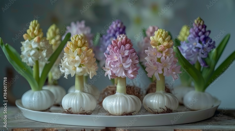 A white table holds a group of flowers atop it, against a nearby wall A white table holds a group of flowers atop it, against a nearby wall