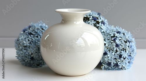   A white vase, tag included, holds blue hydrangeas on a table