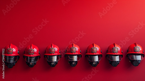 Row of Red Firefighter Helmets with Built-in Masks, Emergency Response Gear photo