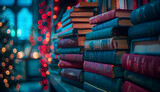 A shelf filled with stacked books in a library, illuminated by soft bokeh lights, creating a cozy atmosphere for reading and studying.